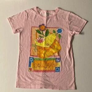Pink t shirt  with Colorful Floral Design says “Boutique”. Fruit of the loom.